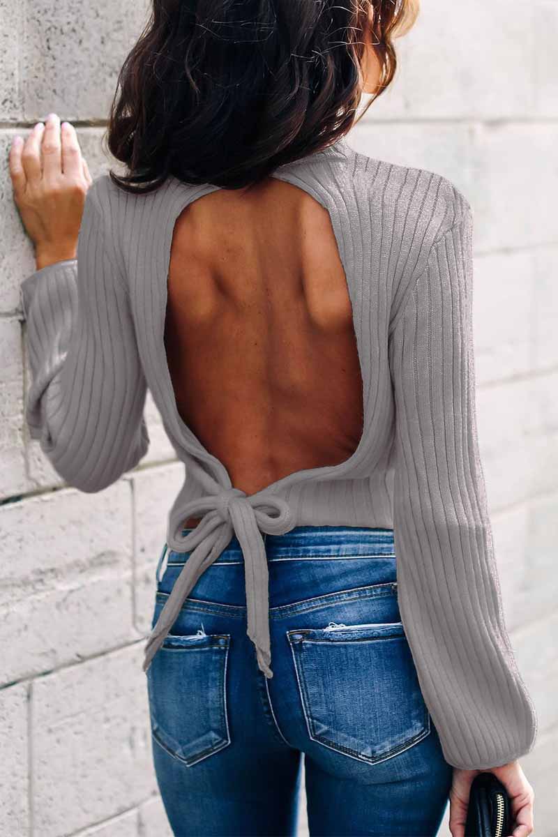 Florcoo Open Back High Neck Lace Long Sleeve Sweater
