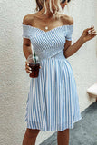 Florcoo Stripe Sexy Off Shoulder Streetwear Short Sleeve Short Dress