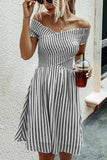Florcoo Stripe Sexy Off Shoulder Streetwear Short Sleeve Short Dress