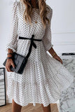 Florcoo Elegant White Black Dot Print Round Neck Tie Midi Dress