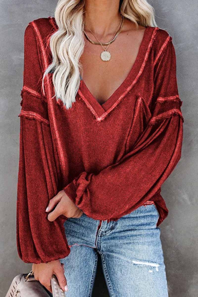Florcoo Solid Color Pullover V-Neck Bubble Long Sleeves Tops(4 Colors)