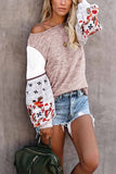 Florcoo Round Neck And Long Sleeves Embroidery Contrast Color Tops