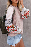 Florcoo Round Neck And Long Sleeves Embroidery Contrast Color Tops