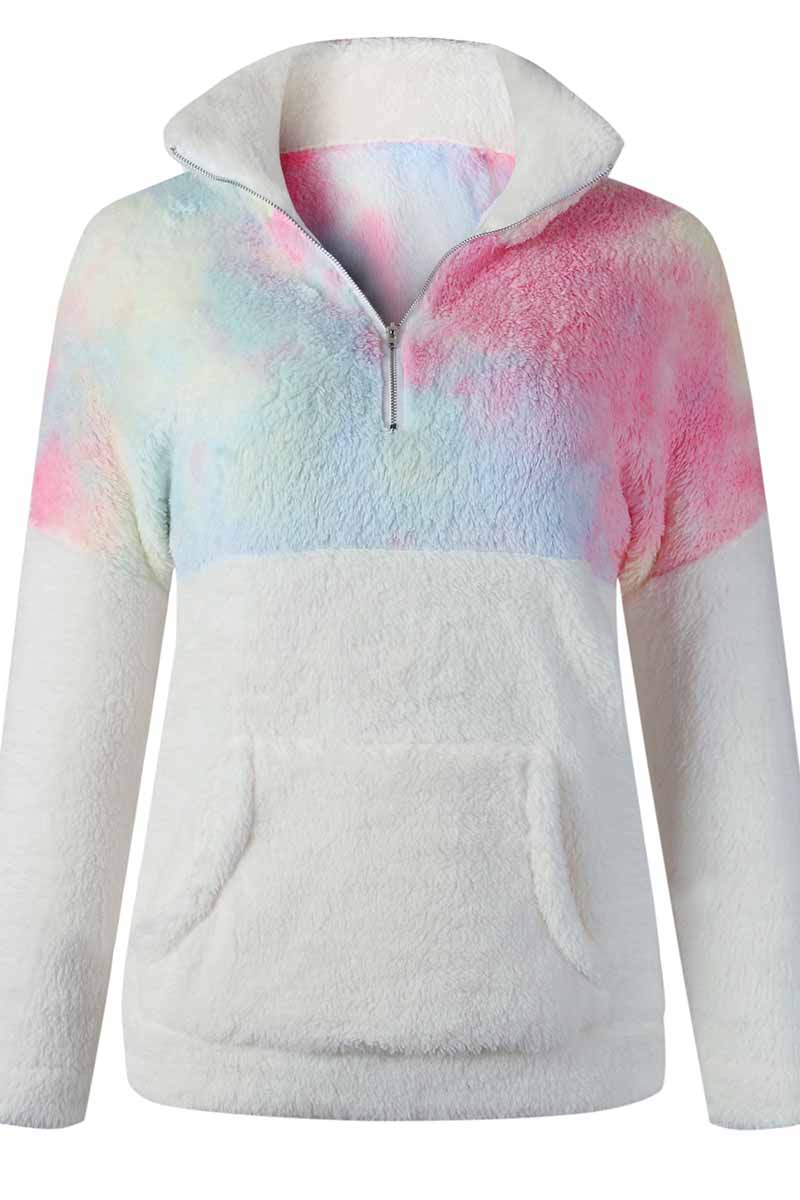 Florcoo Tie-dye Stitching Plush Top With Pockets