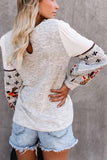 Florcoo Round Neck And Long Sleeves Embroidery Contrast Color Tops