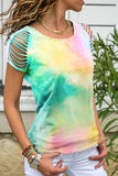 Florcoo Loose Hollow-out Tie-dye Multicolor T-shirt