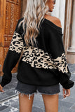 Florcoo Leopard Splice Contrast V-neck Sweater