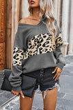 Florcoo Leopard Splice Contrast V-neck Sweater