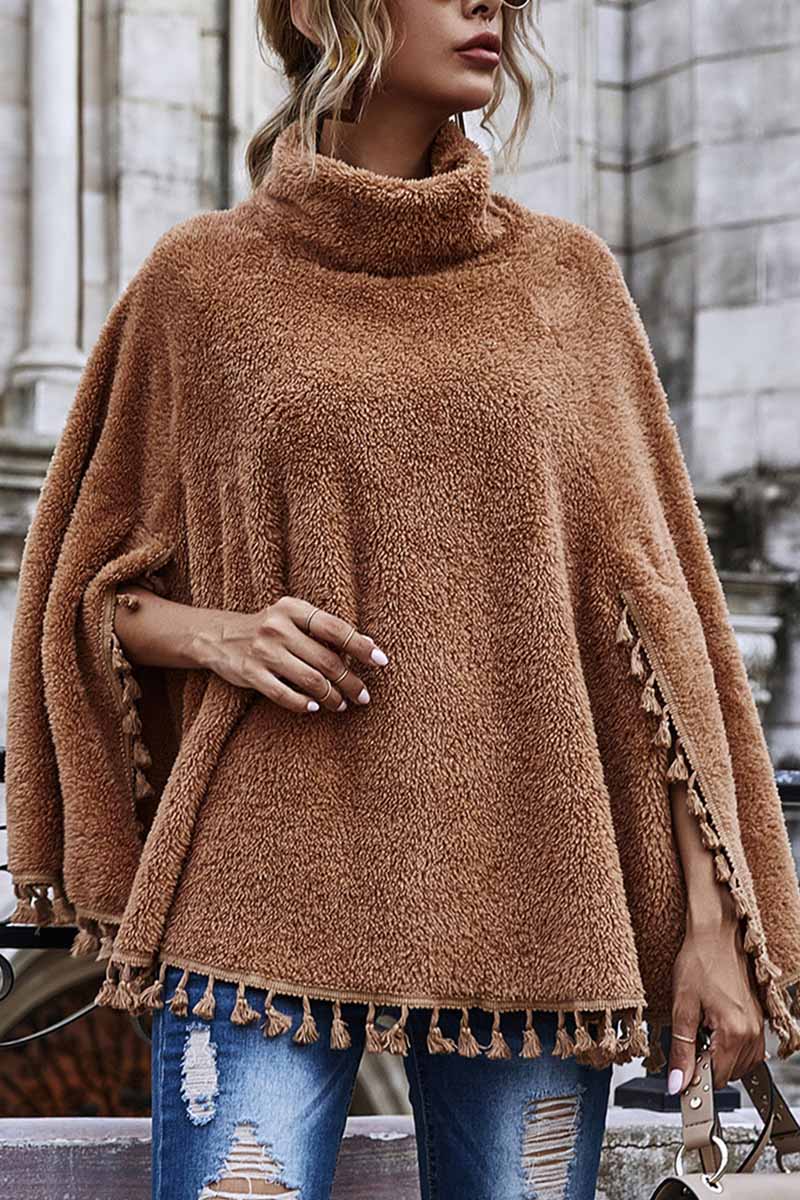 Florcoo Loose High Neck Cape Coat With Fringed