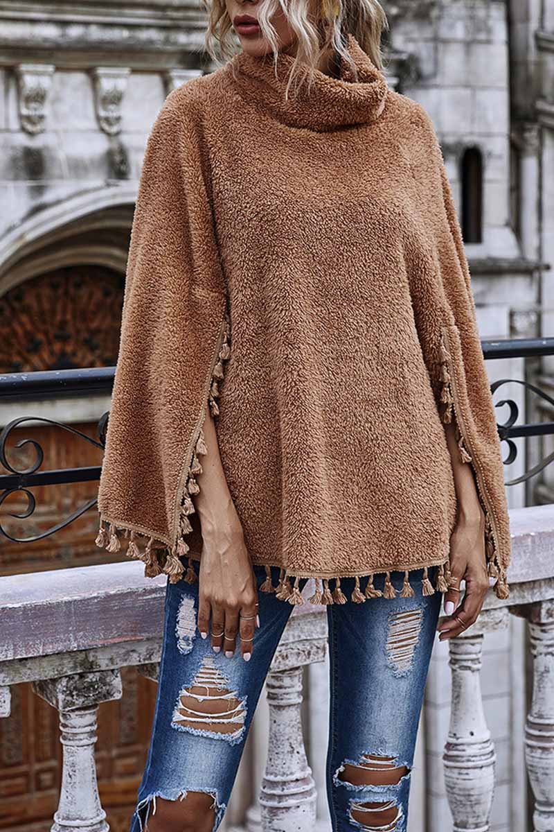 Florcoo Loose High Neck Cape Coat With Fringed