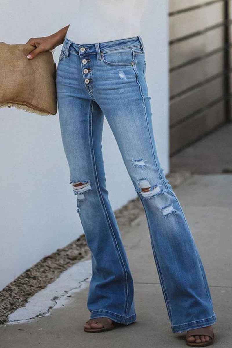 Florcoo Mid Rise Button Front Flare Denim Jeans