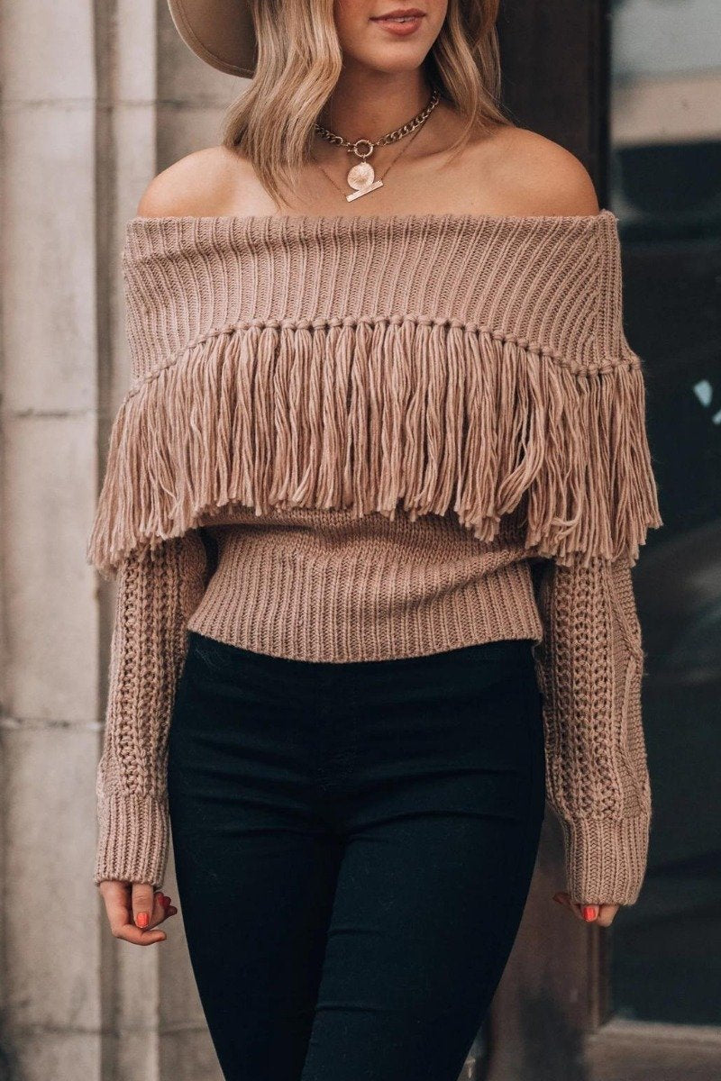 Florcoo Sexy One-Shoulder Fringed Sweater