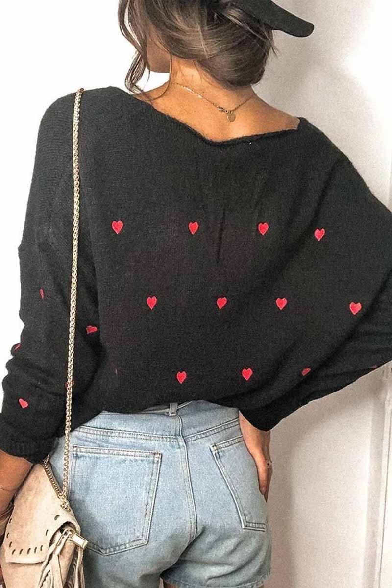 Florcoo Loose V-Neck Heart-Shaped Knitted Sweater