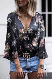 Florcoo Deep V-Neck Flare Sleeve Print Top