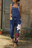 Flower-printed Baggy Jeans With Suspenders