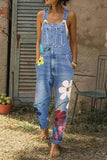 Flower-printed Baggy Jeans With Suspenders