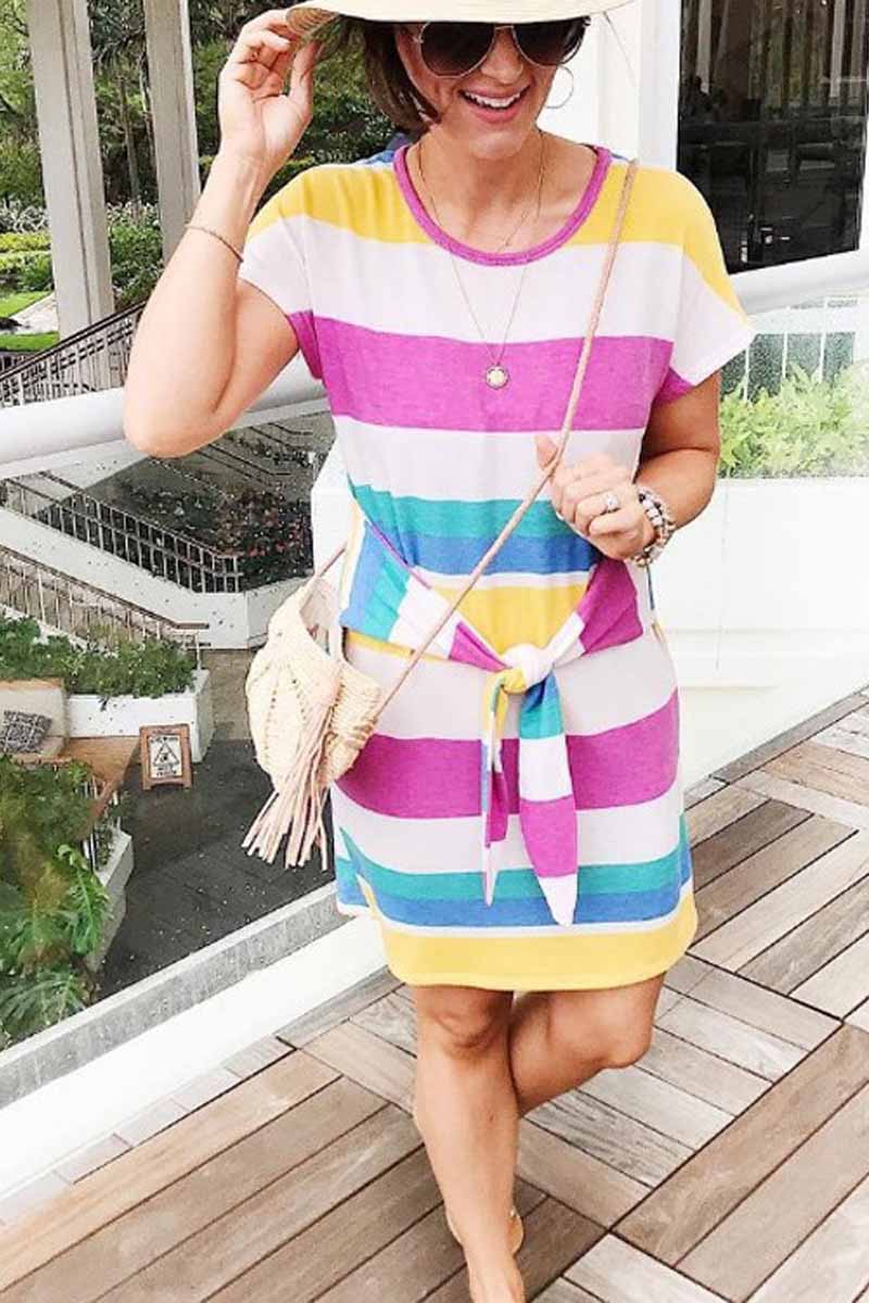 Florcoo Rainbow Striped Knot Design Mide Dress