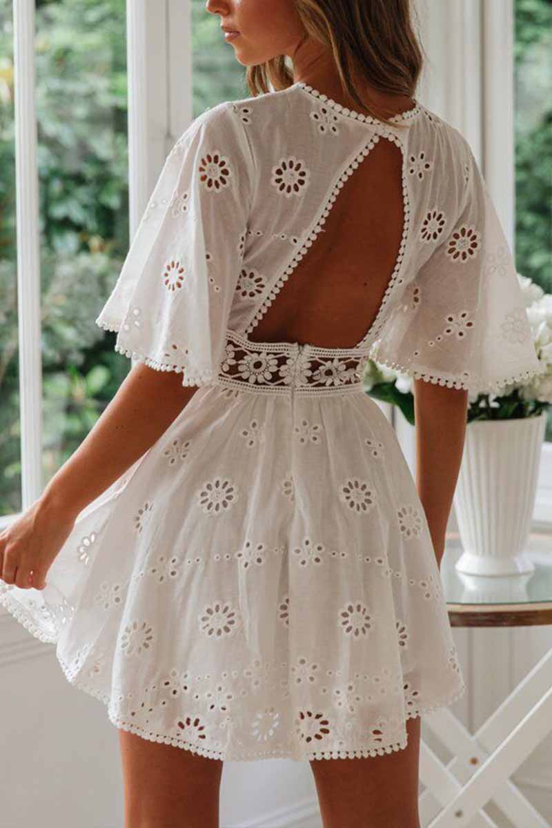 Florcoo O-Neck White Lace Mini Dress