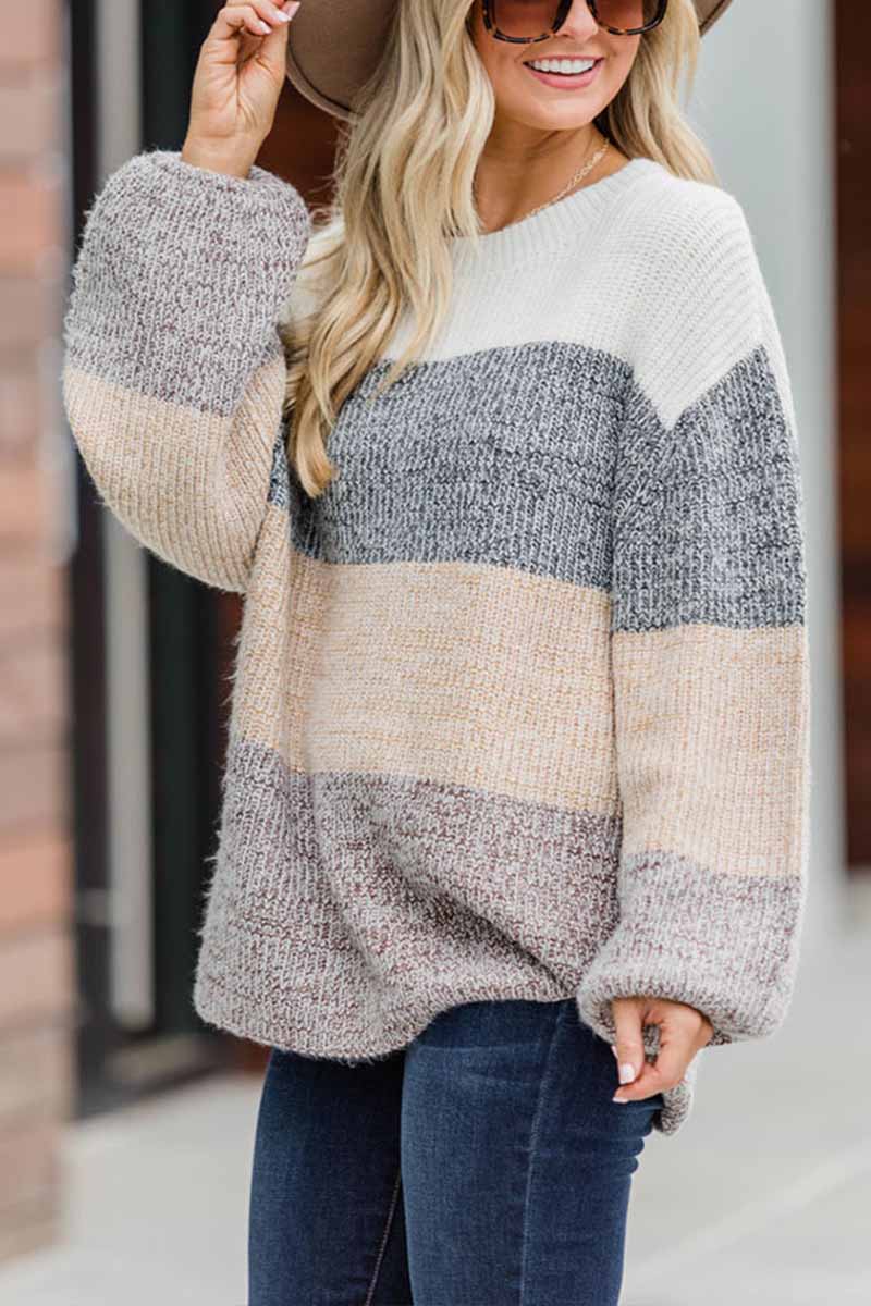 Florcoo Contrast Striped Loose Round Neck Sweater