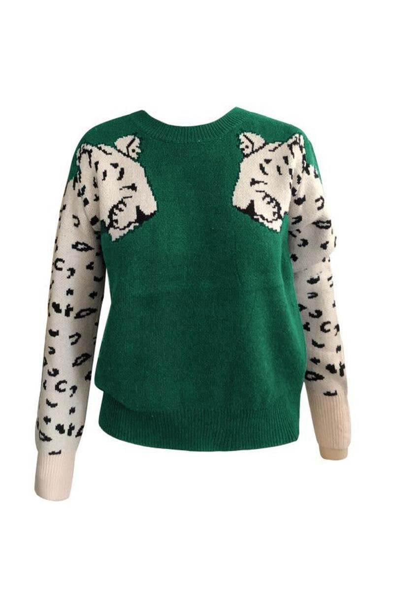 Florcoo Snow Leopard Design Knit Sweater