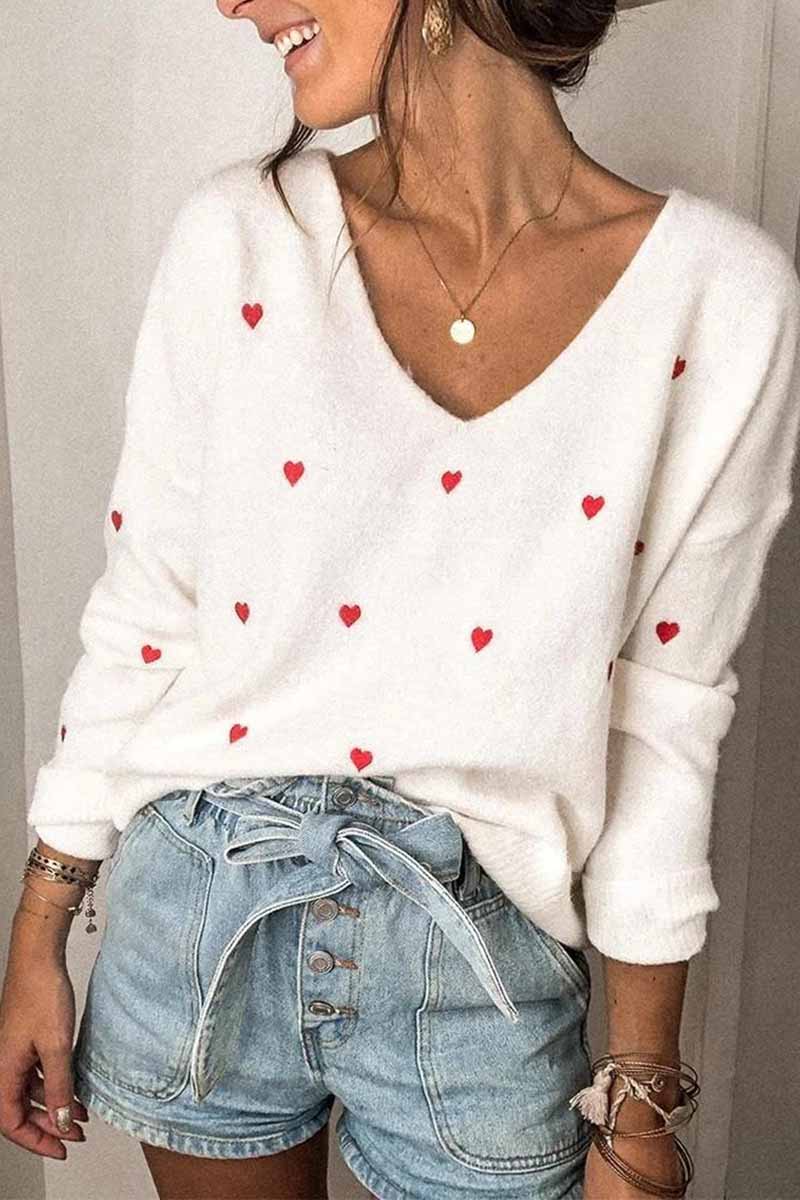 Florcoo Loose V-Neck Heart-Shaped Knitted Sweater